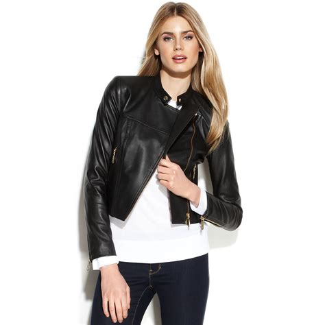 michael kors ruffled moto jacket color black size l|Crinkled Leather Cropped Moto Jacket .